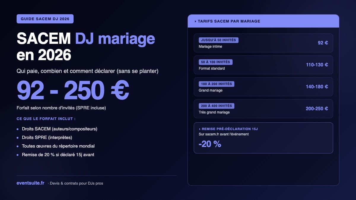 SACEM DJ mariage 2026 — tarifs, déclaration et règles