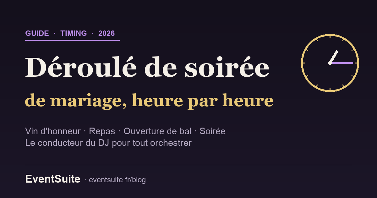 Déroulé d'une soirée de mariage heure par heure : vin d'honneur, repas, ouverture de bal, soirée dansante