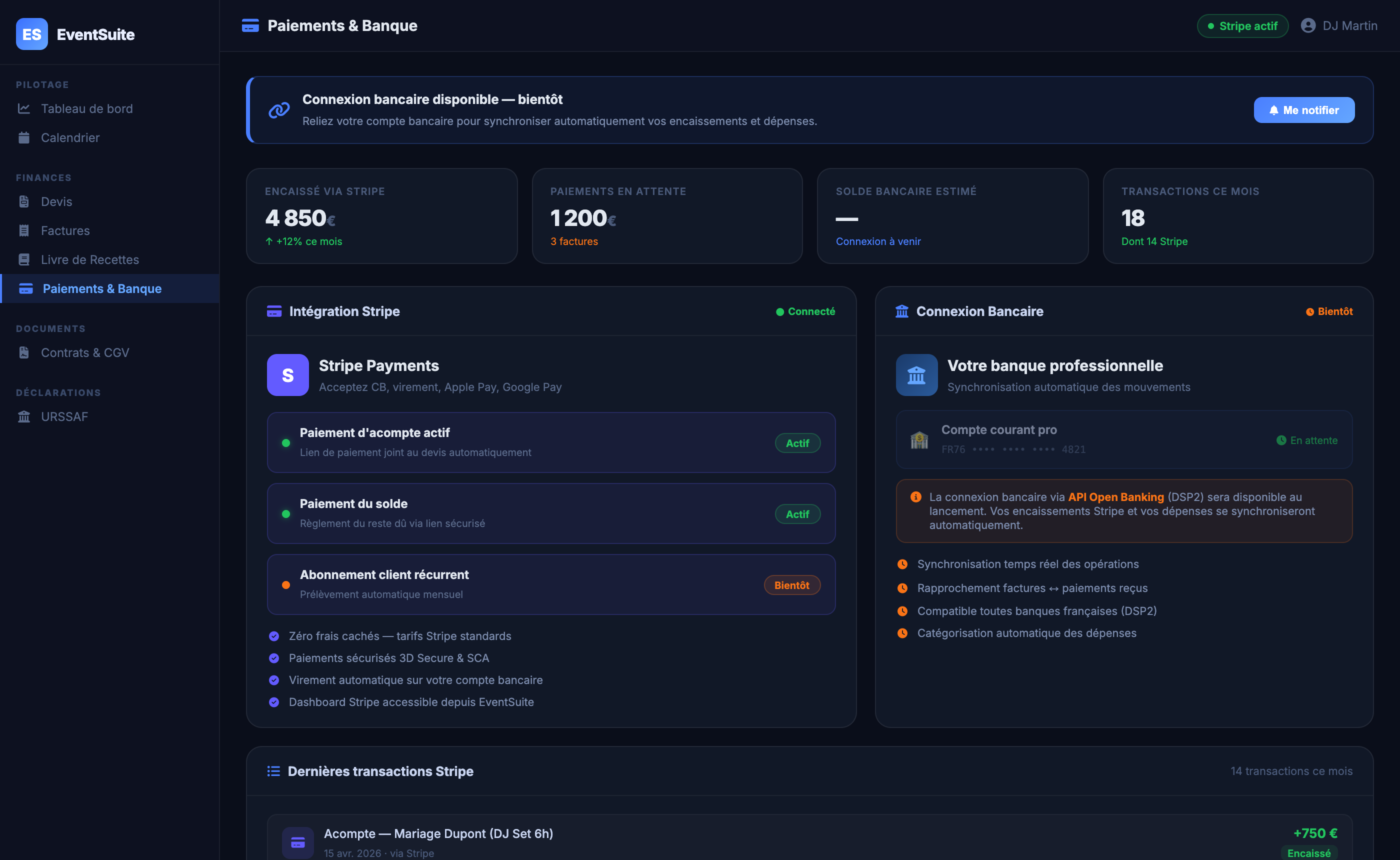 EventSuite — Paiements Stripe et connexion bancaire