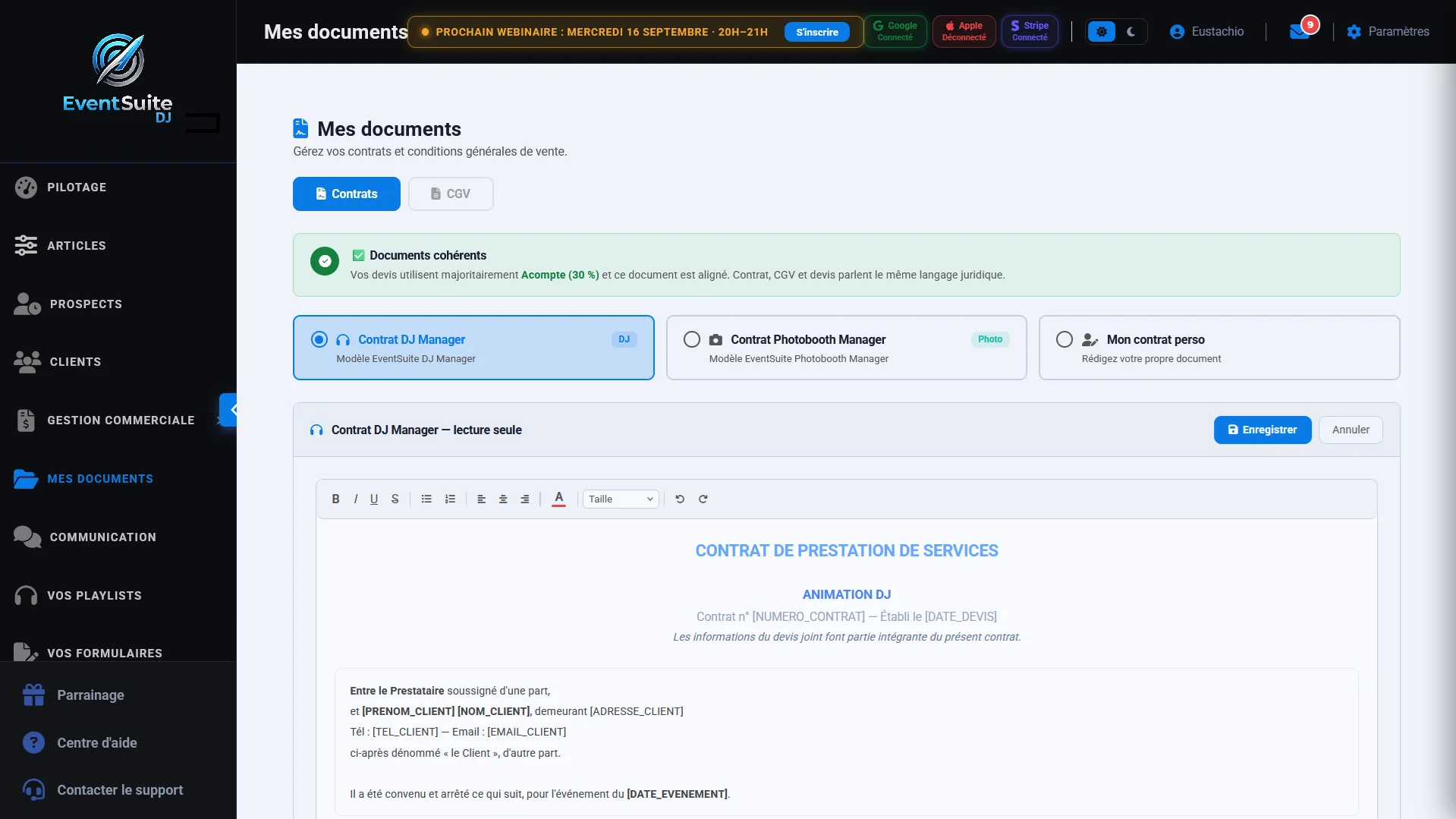 EventSuite — Contrats avec signature électronique eIDAS