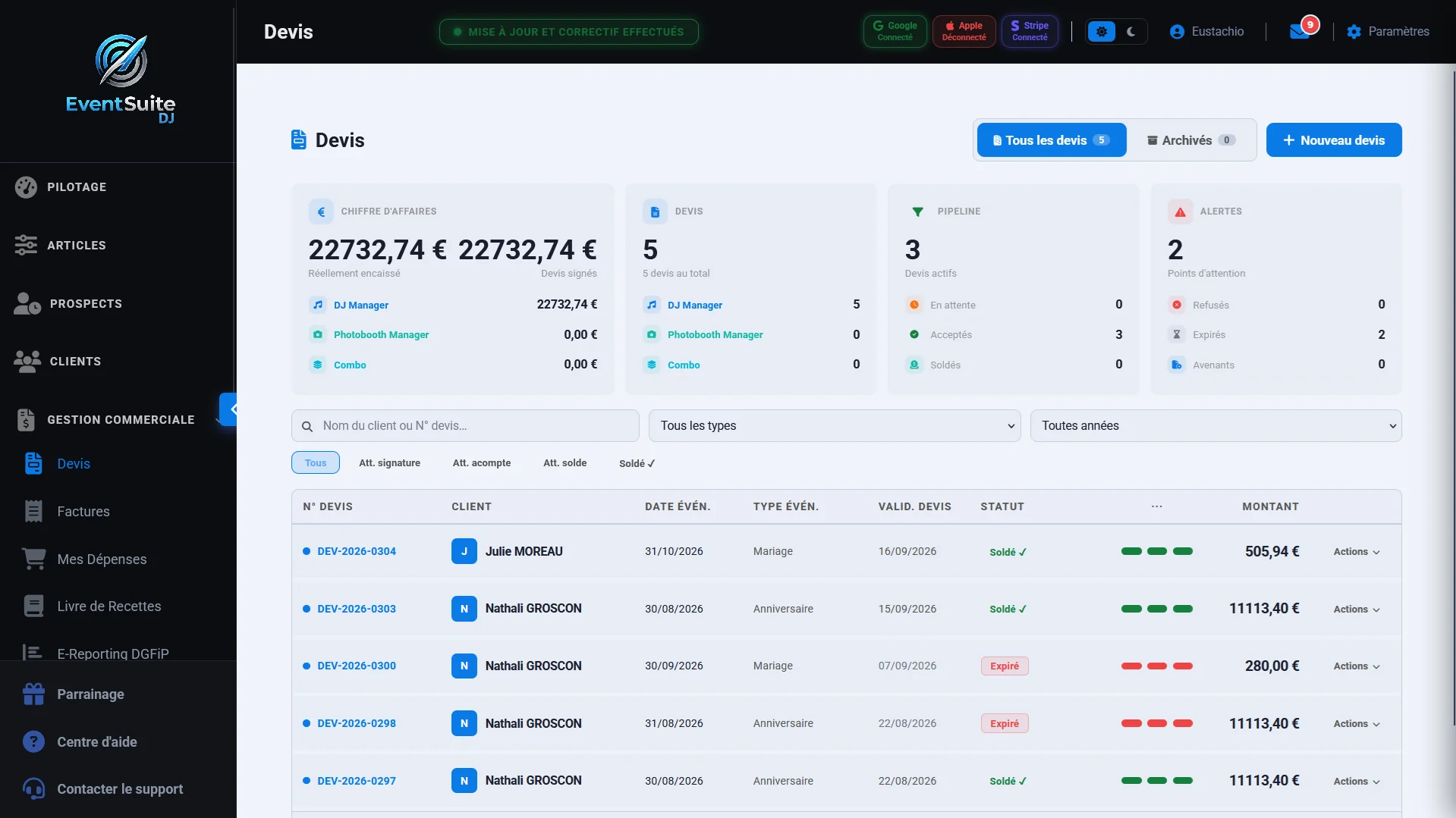 EventSuite — Gestion commerciale devis et factures