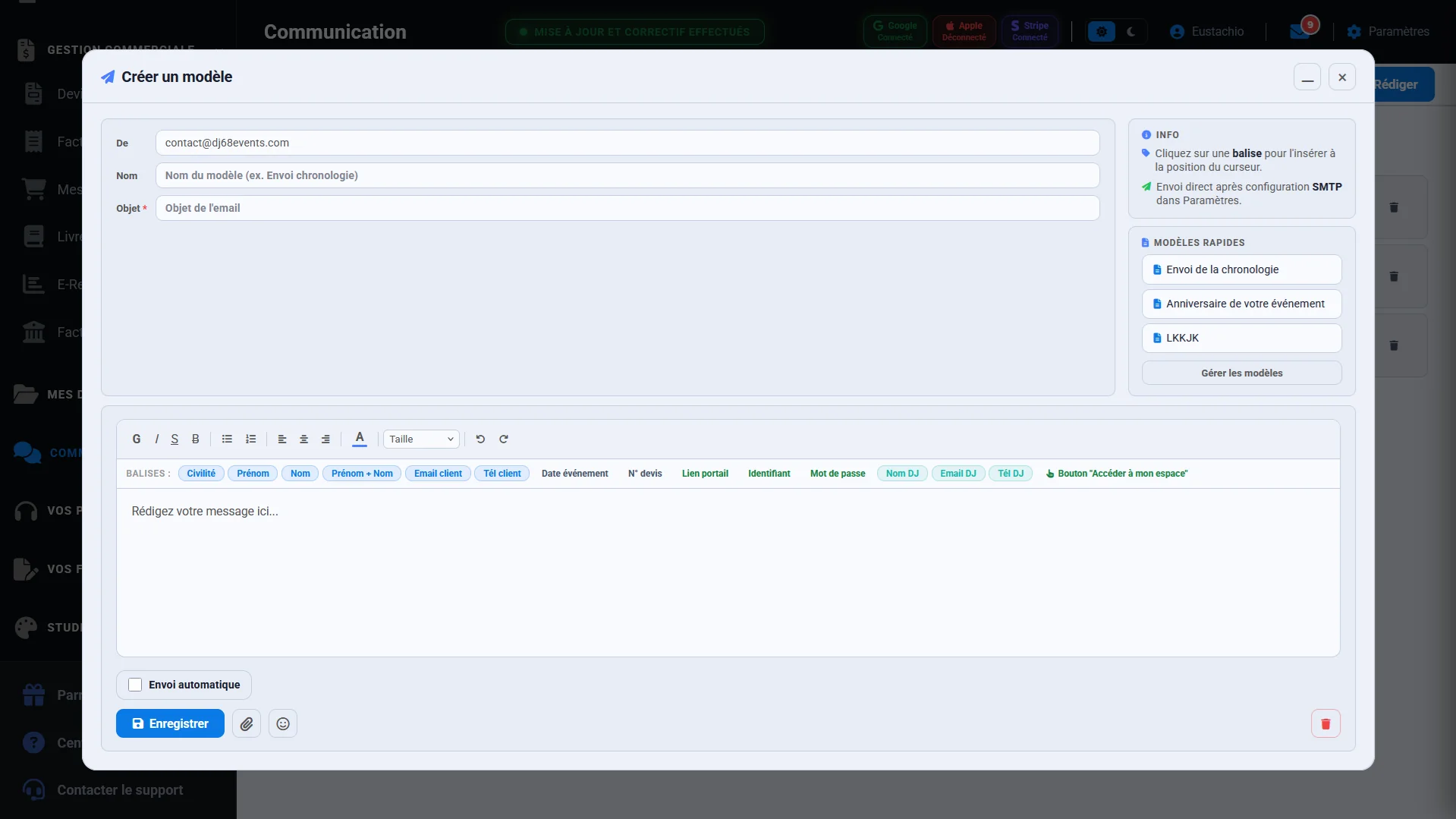 EventSuite — Éditeur d'emails avec balises dynamiques