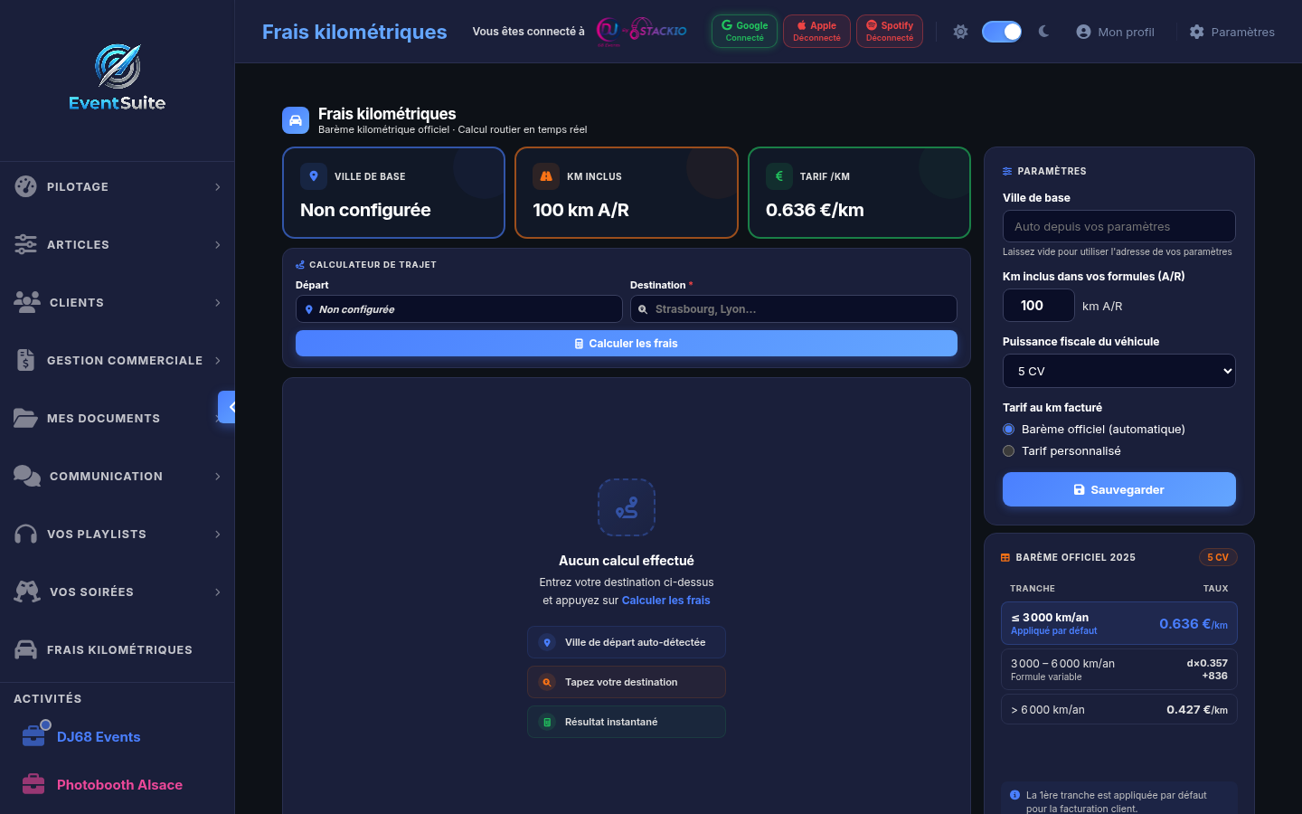 EventSuite - Calculateur de frais kilométriques