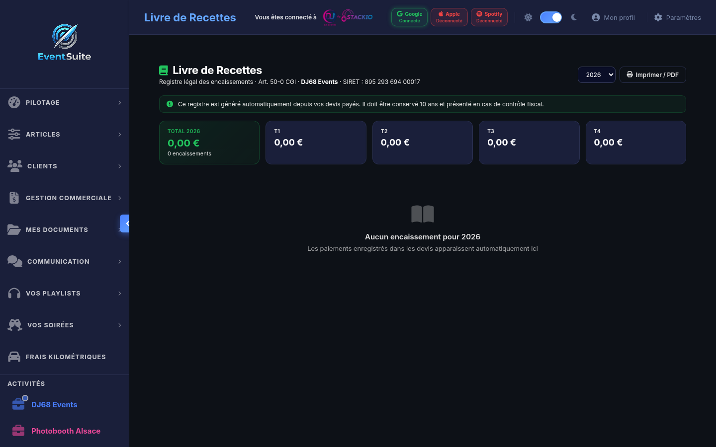 EventSuite - Livre de Recettes auto-entrepreneur conforme CGI