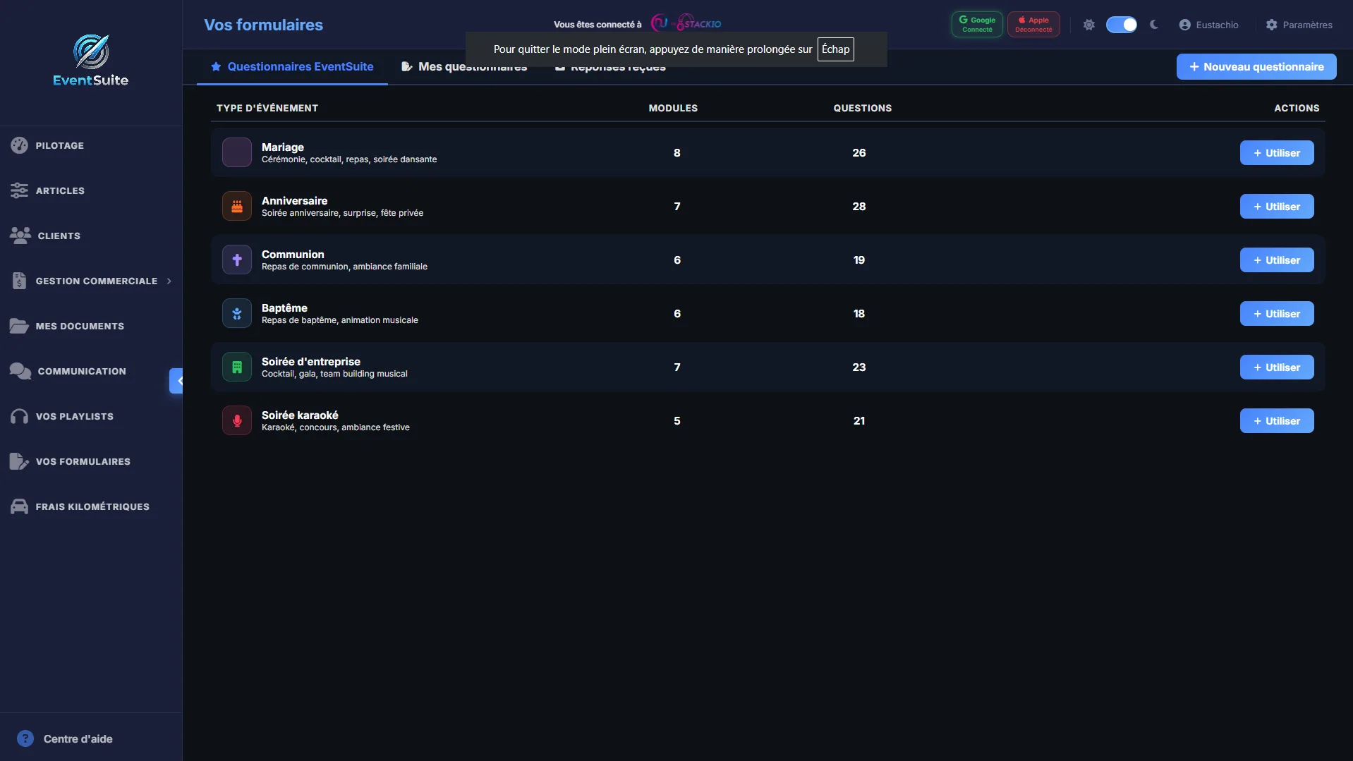EventSuite — Questionnaires personnalisés par type d'événement