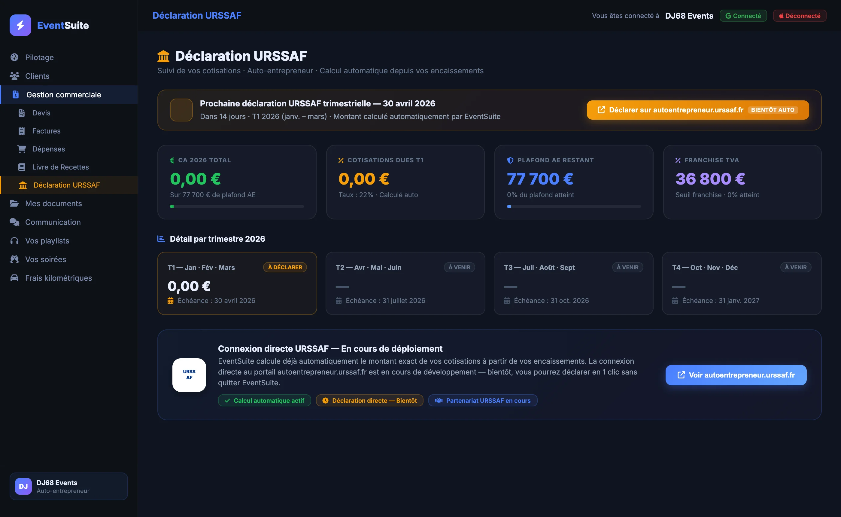 EventSuite — URSSAF interface auto-entrepreneur